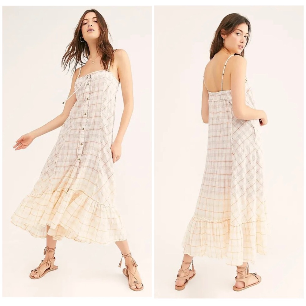 Free People Cream Plaid Button-Front Midi Dress